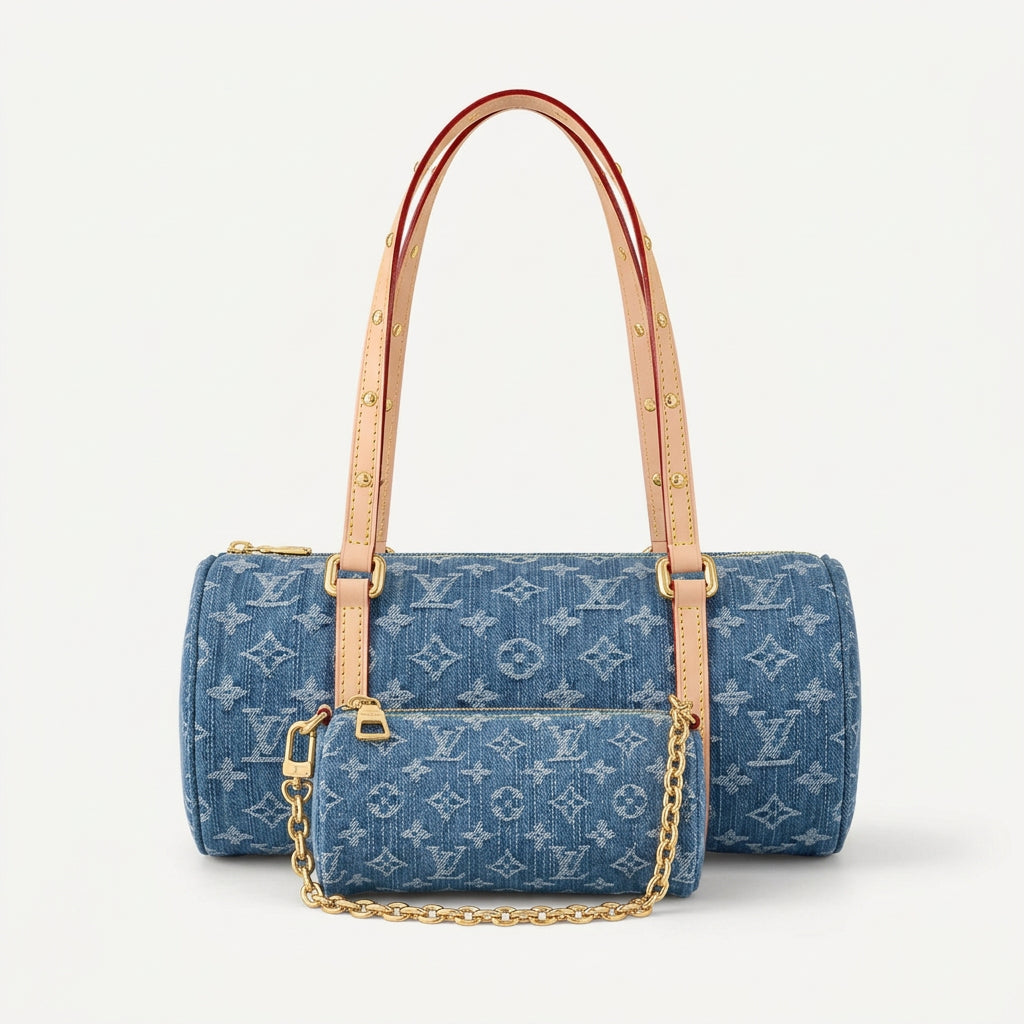 Louis Vuitton Denim Monogram Barrel Bag with Matching Mini Pouch