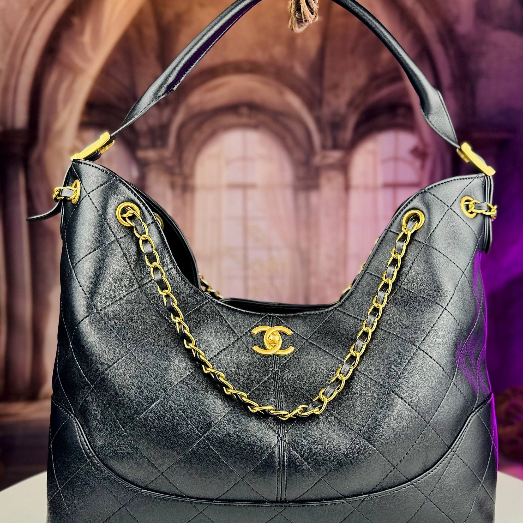 Chanel Quilted Leather Hobo Bag with Gold-Tone Chain 👜✨⚪