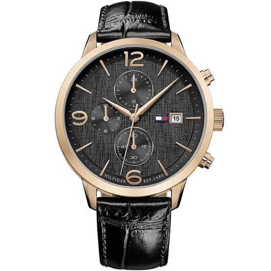 Tommy Hilfiger Black Leather Gold Accent Watch ⌚⚫🥇
