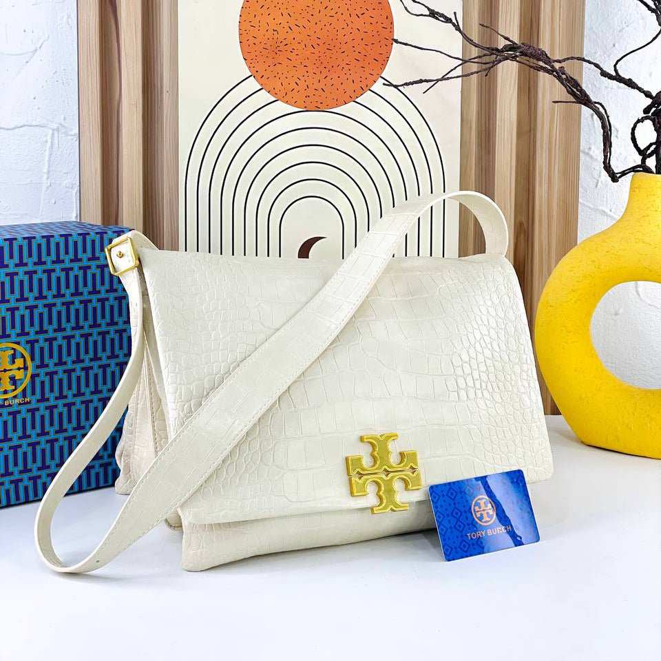 Tory Burch White Croc-Embossed Shoulder Bag 👜🤍