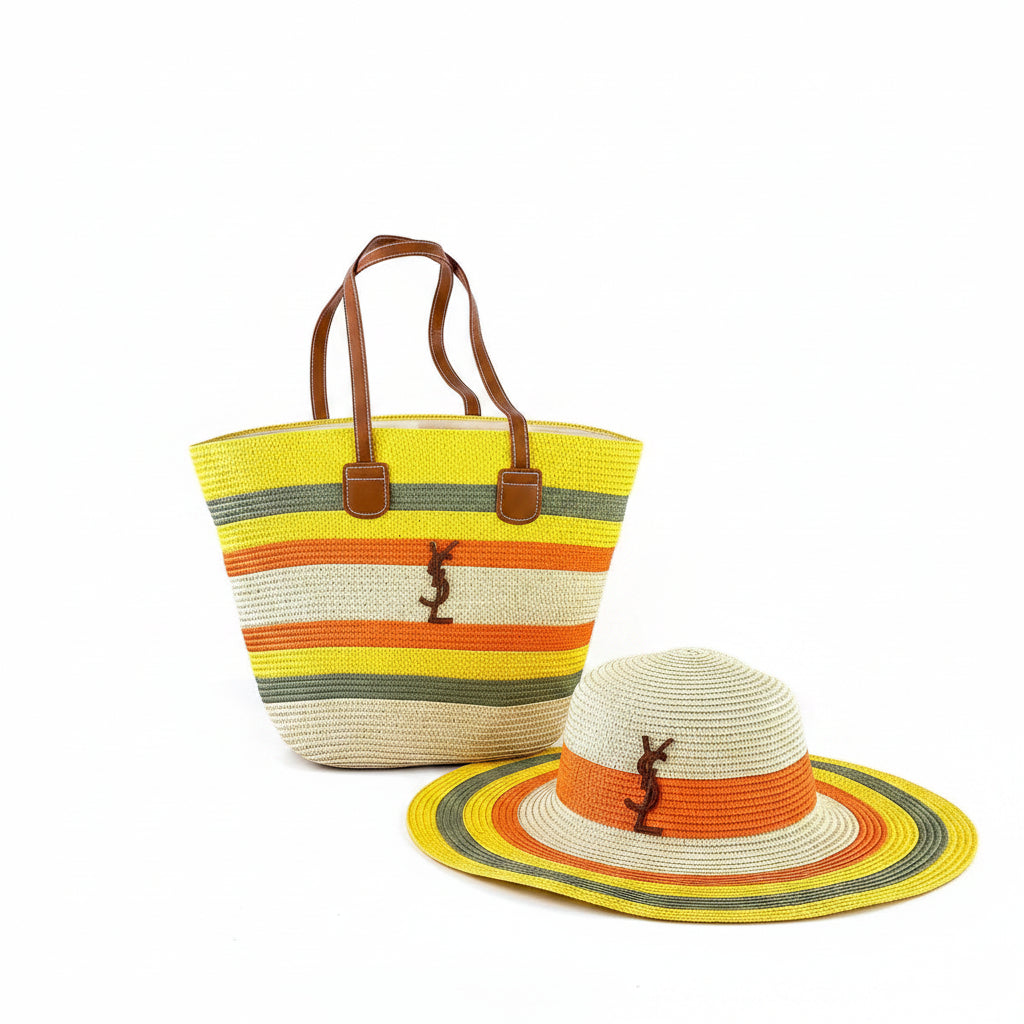 YSL Striped Straw Tote Bag and Matching Sun Hat Set 👒✨