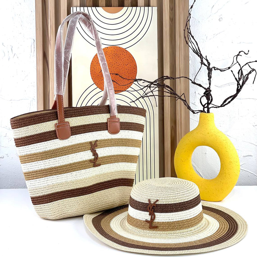 YSL Striped Straw Tote Bag and Matching Sun Hat Set 👒✨