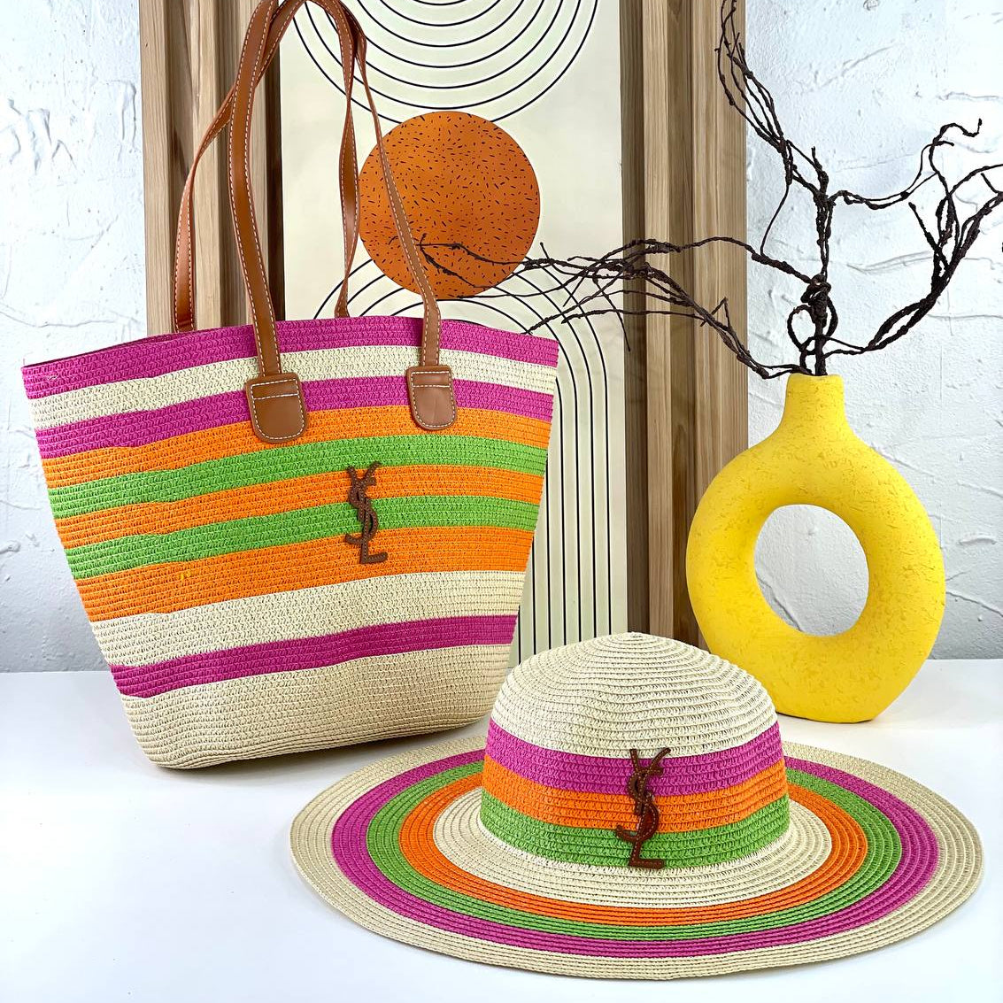 YSL Striped Straw Tote Bag and Matching Sun Hat Set 👒✨