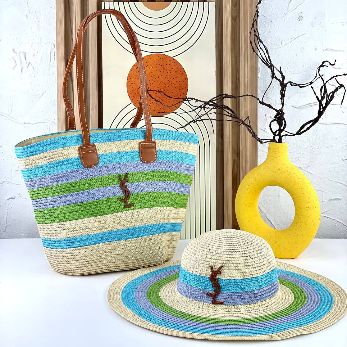 YSL Striped Straw Tote Bag and Matching Sun Hat Set 👒✨