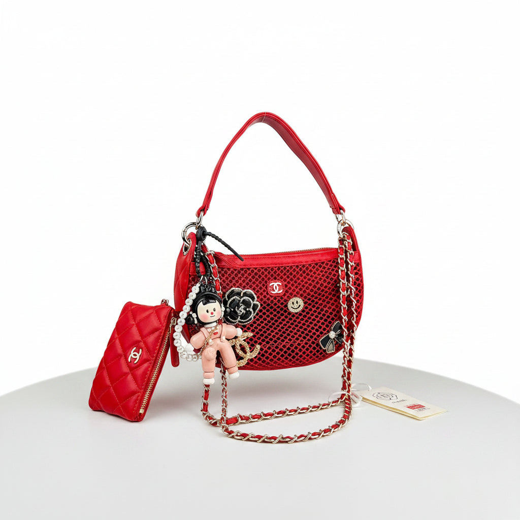 Chanel Style Mesh Handbag with Quilted Pouch and Doll Charm 👜✨