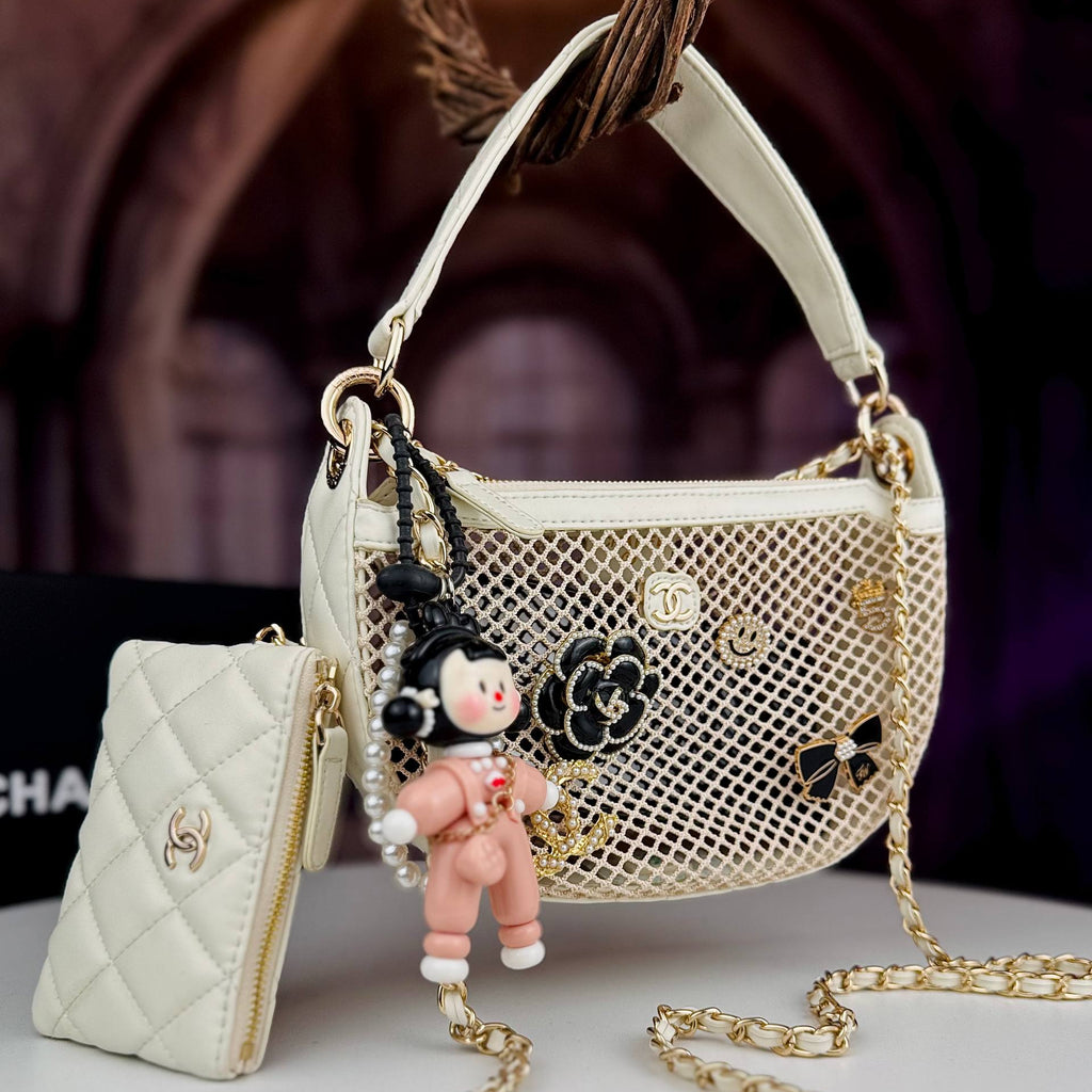 Chanel Style Mesh Handbag with Quilted Pouch and Doll Charm 👜✨