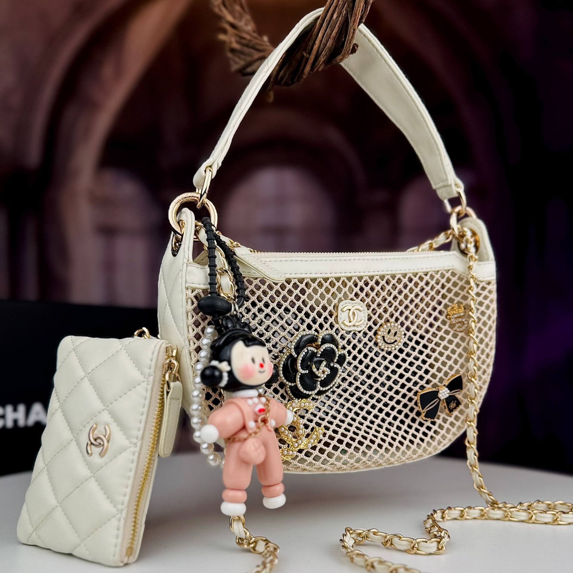 Chanel Style Mesh Handbag with Quilted Pouch and Doll Charm 👜✨