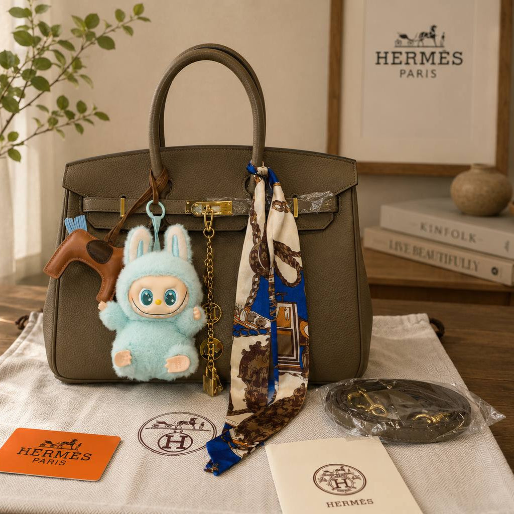 Elegant Hermes Style Handbag with Playful Labubu Doll Charm 👜✨