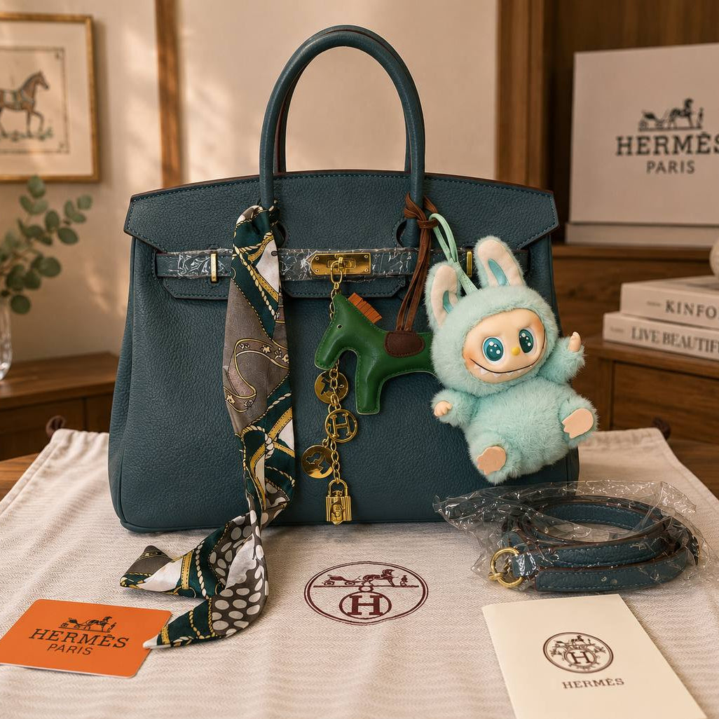 Elegant Hermes Style Handbag with Playful Labubu Doll Charm 👜✨