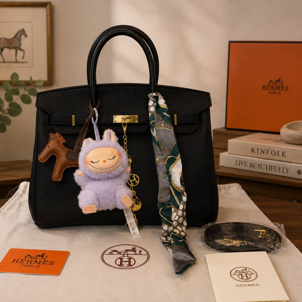 Elegant Hermes Style Handbag with Playful Labubu Doll Charm 👜✨