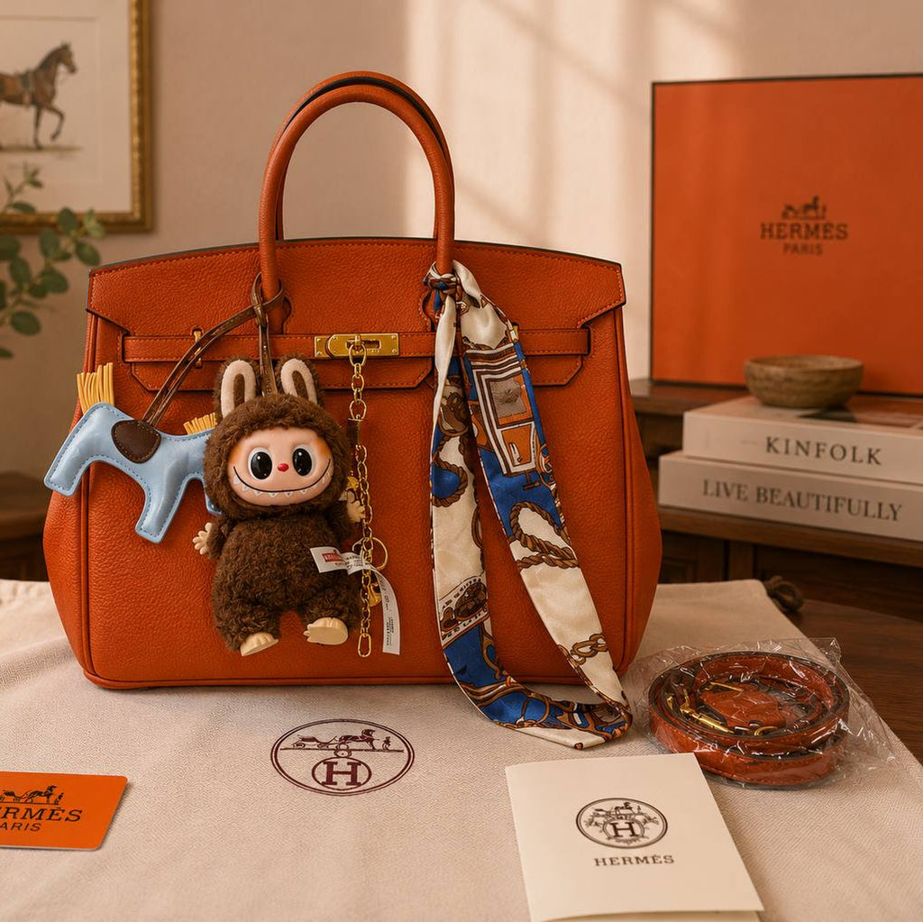 Elegant Hermes Style Handbag with Playful Labubu Doll Charm 👜✨