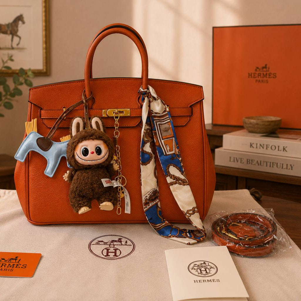 Elegant Hermes Style Handbag with Playful Labubu Doll Charm 👜✨