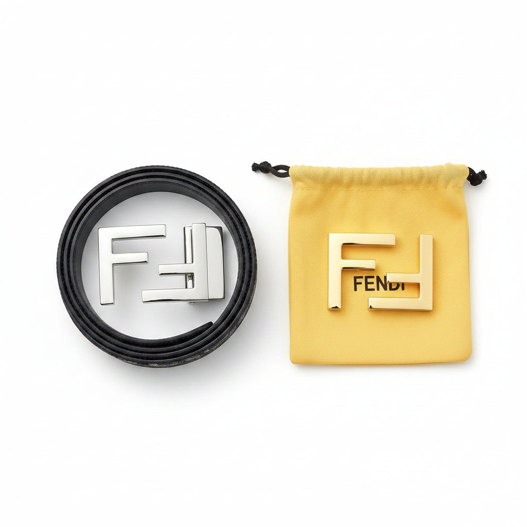 Fendi Reversible Leather Belt Set with Interchangeable Buckle 🖤✨