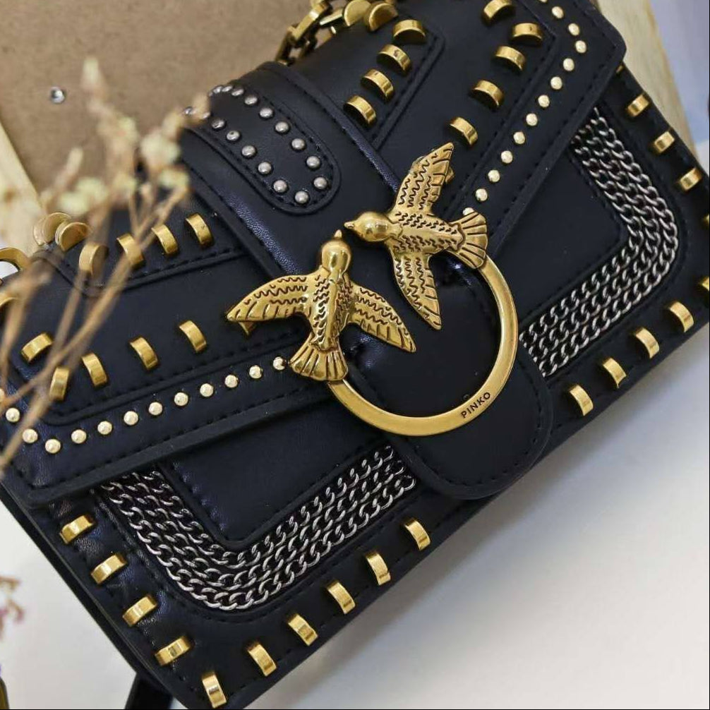 Pinko Studded Shoulder Bag with Signature Bird Hardware 🖤✨👜