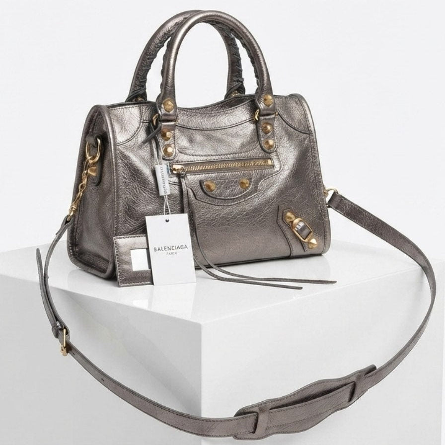 Balenciaga Style Metallic Silver Moto Handbag with Mirror Charm ✨👜