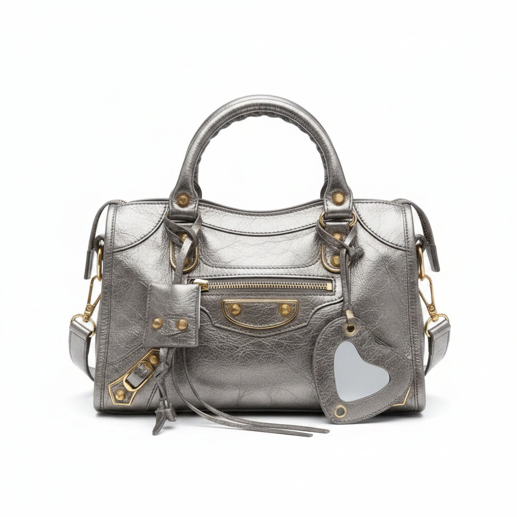 Balenciaga Style Metallic Silver Moto Handbag with Mirror Charm ✨👜