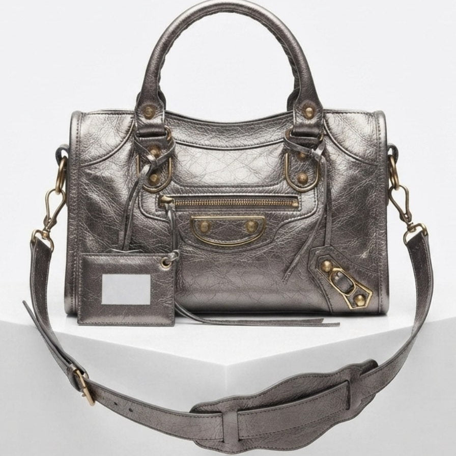 Balenciaga Style Metallic Silver Moto Handbag with Mirror Charm ✨👜