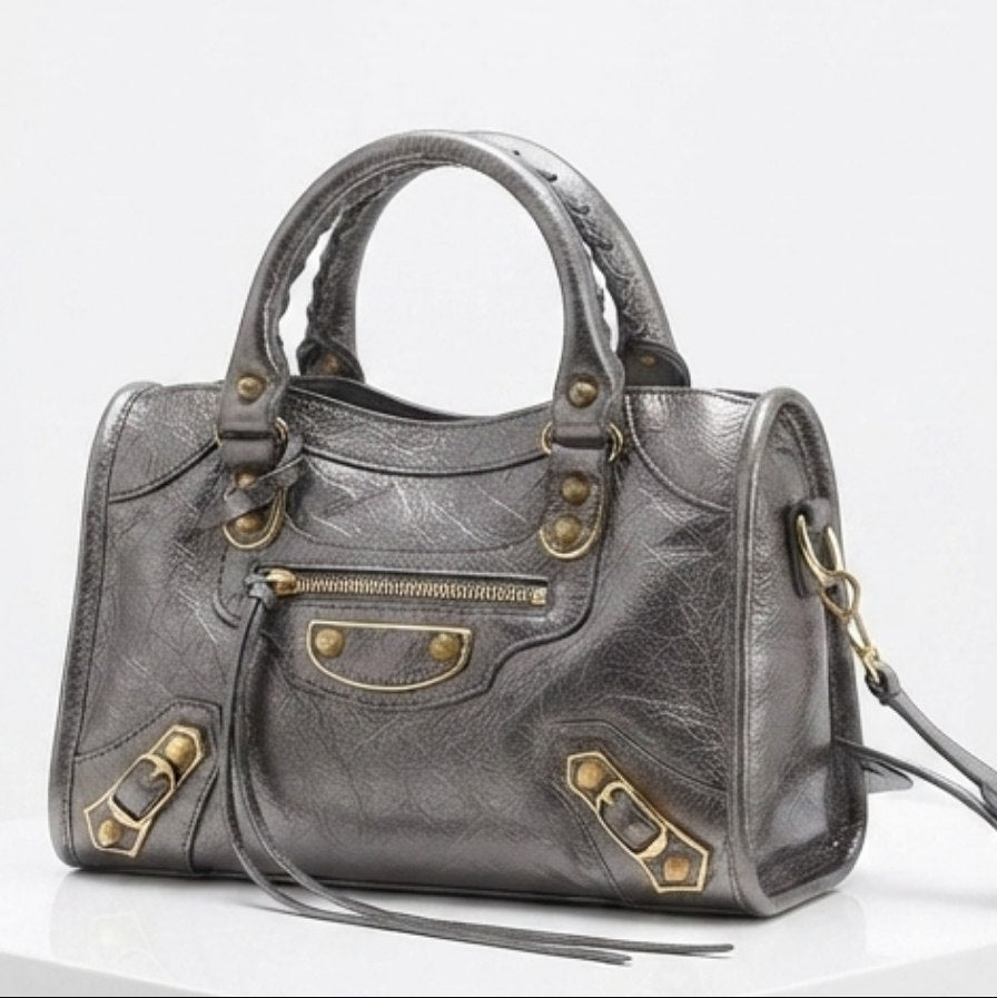 Balenciaga Style Metallic Silver Moto Handbag with Mirror Charm ✨👜