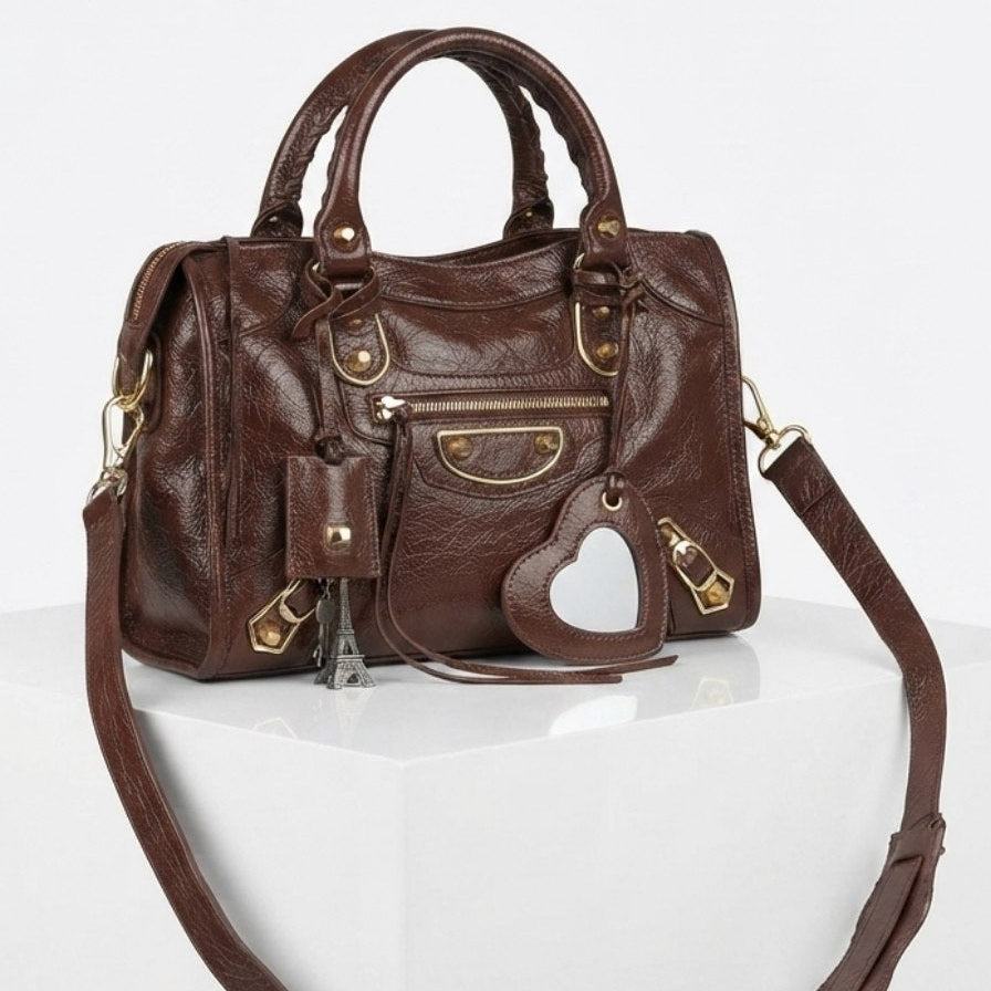 Balenciaga Style Metallic Silver Moto Handbag with Mirror Charm ✨👜