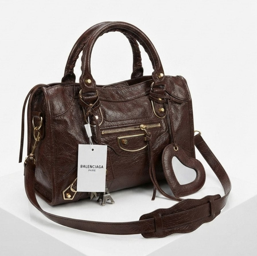Balenciaga Style Metallic Silver Moto Handbag with Mirror Charm ✨👜