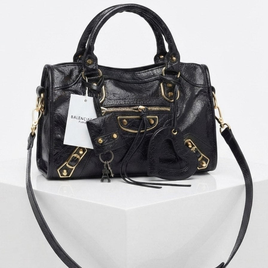 Balenciaga Style Metallic Silver Moto Handbag with Mirror Charm ✨👜