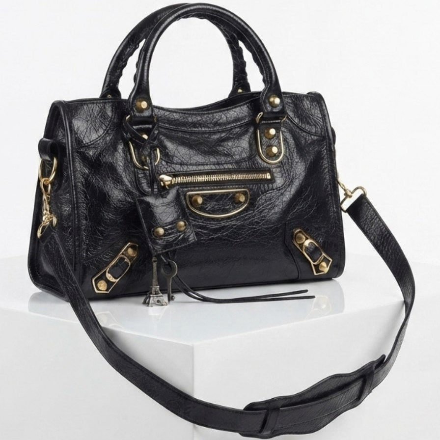 Balenciaga Style Metallic Silver Moto Handbag with Mirror Charm ✨👜