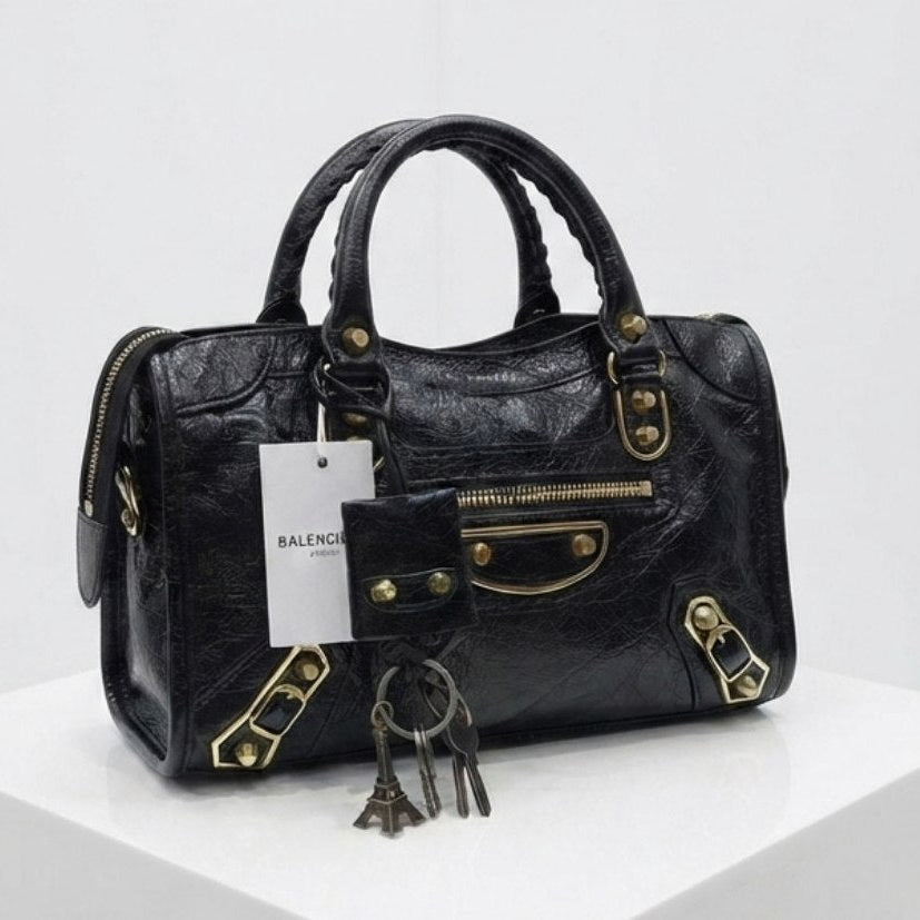 Balenciaga Style Metallic Silver Moto Handbag with Mirror Charm ✨👜