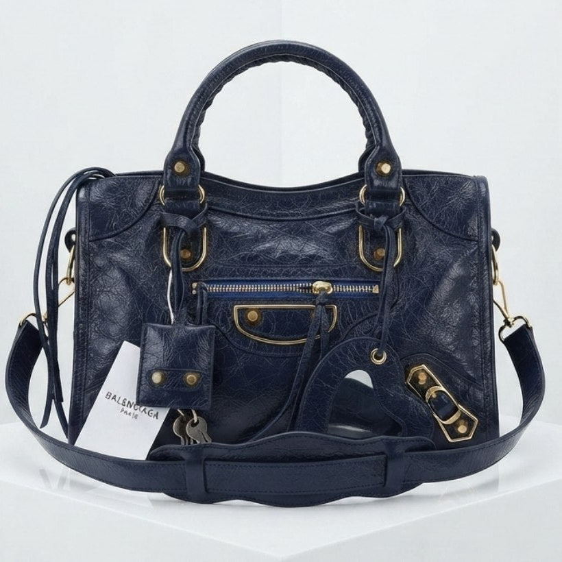 Balenciaga Style Metallic Silver Moto Handbag with Mirror Charm ✨👜