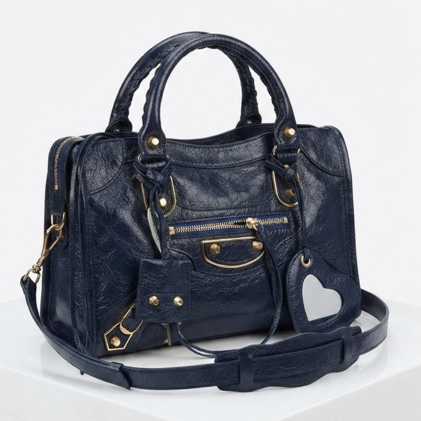 Balenciaga Style Metallic Silver Moto Handbag with Mirror Charm ✨👜