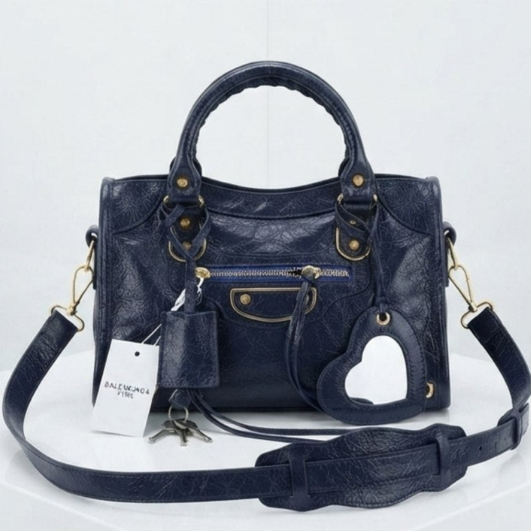 Balenciaga Style Metallic Silver Moto Handbag with Mirror Charm ✨👜