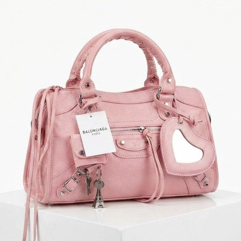 Balenciaga Style Metallic Silver Moto Handbag with Mirror Charm ✨👜