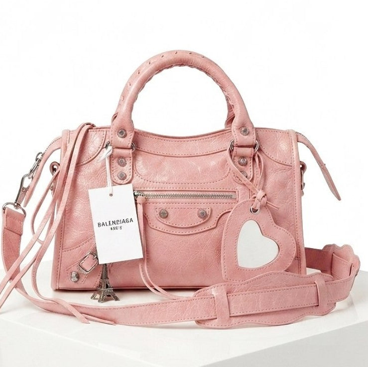 Balenciaga Style Metallic Silver Moto Handbag with Mirror Charm ✨👜
