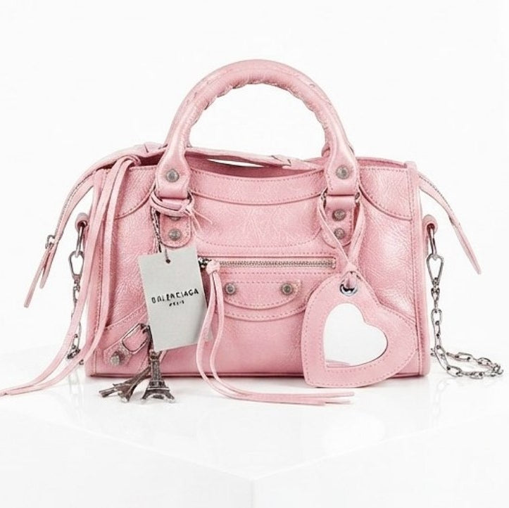 Balenciaga Style Metallic Silver Moto Handbag with Mirror Charm ✨👜