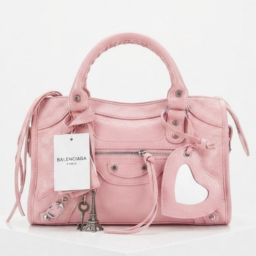Balenciaga Style Metallic Silver Moto Handbag with Mirror Charm ✨👜