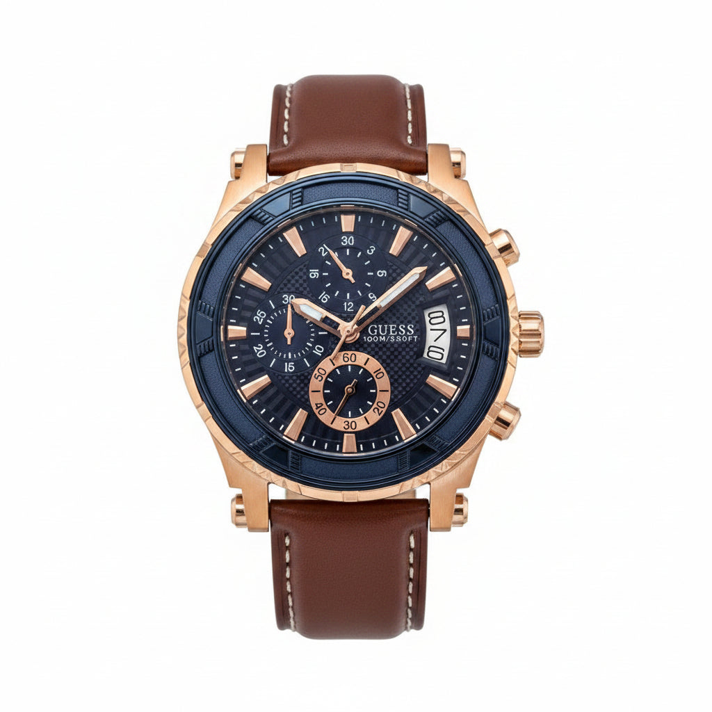Guess Men's Blue Dial Rose Gold Chronograph Leather Watch