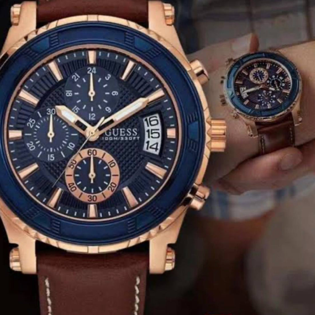 Guess Men's Blue Dial Rose Gold Chronograph Leather Watch