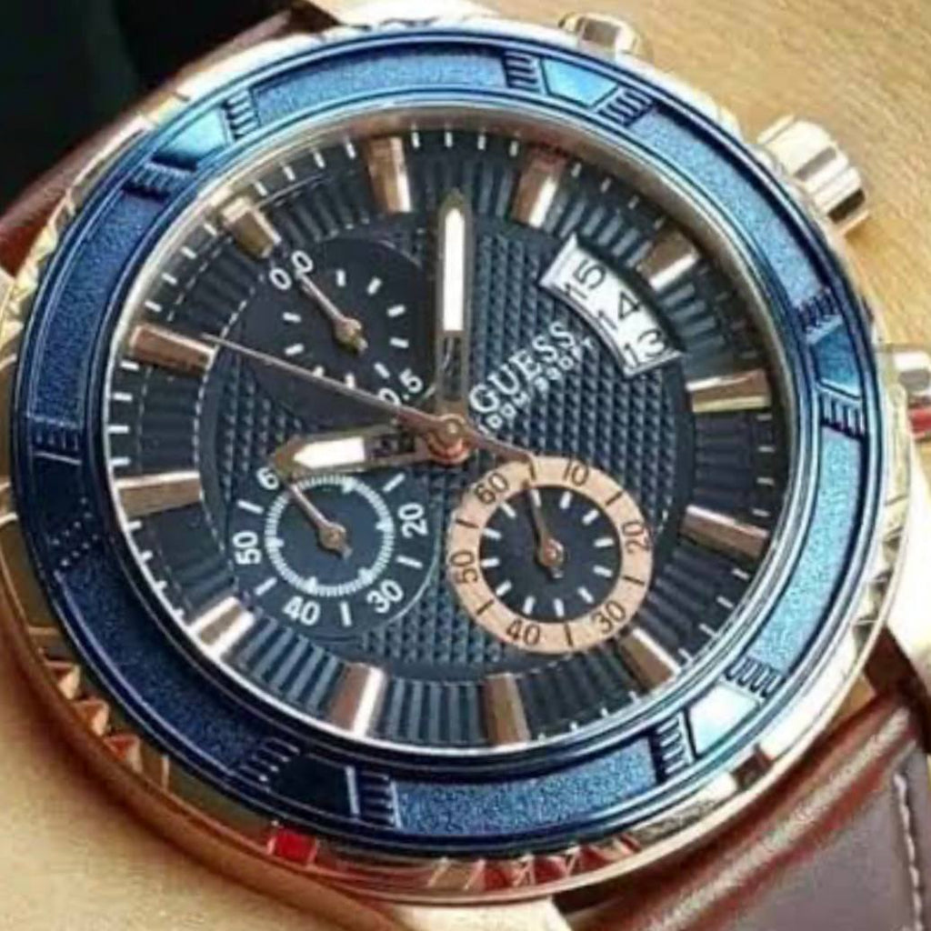 Guess Men's Blue Dial Rose Gold Chronograph Leather Watch