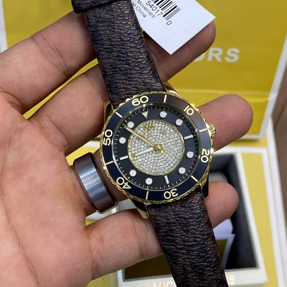 Michael Kors Logo Strap Gold-Tone Crystal Accented Watch
