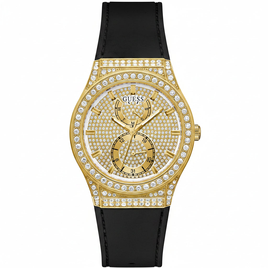 Guess Gold Tone Crystal Embellished Watch with Black Strap