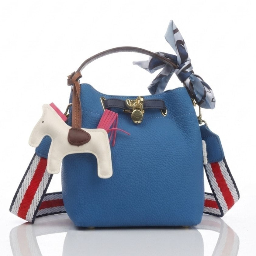 Hermes Style Soft Leather Bucket Bag with Horse Charm and Scarf
