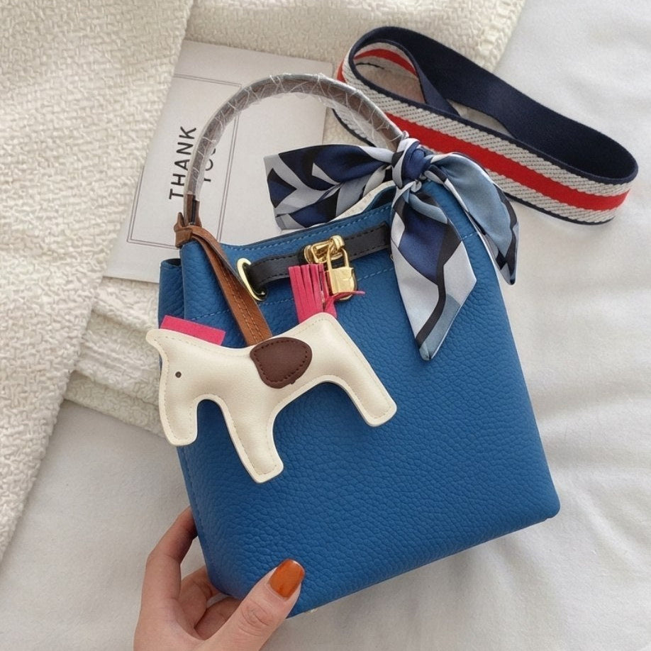 Hermes Style Soft Leather Bucket Bag with Horse Charm and Scarf