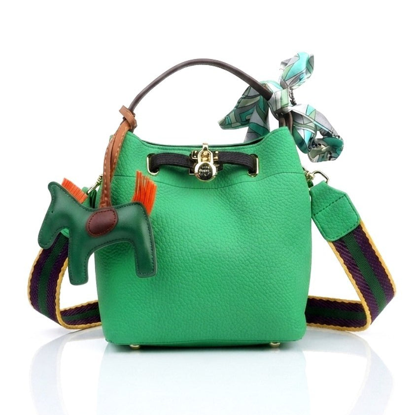 Hermes Style Soft Leather Bucket Bag with Horse Charm and Scarf