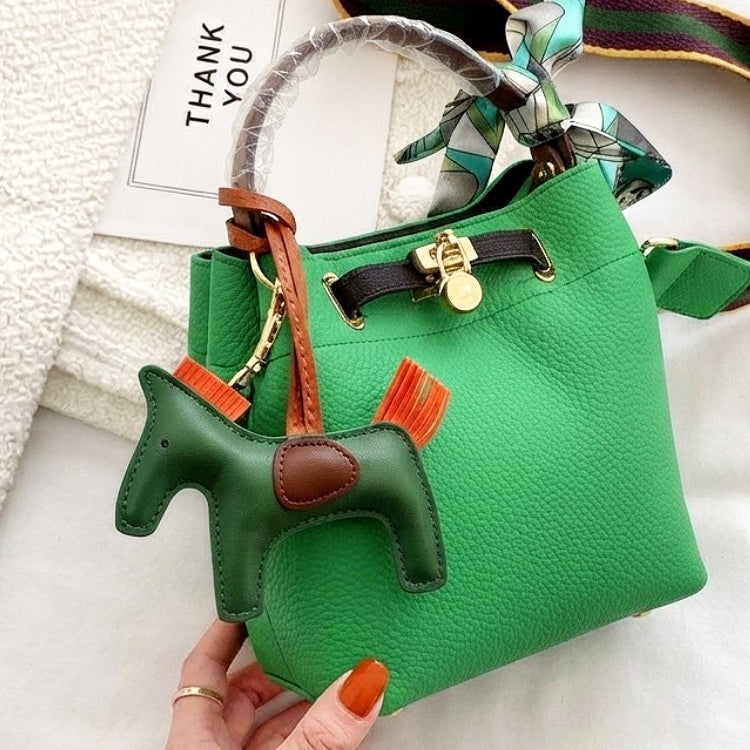 Hermes Style Soft Leather Bucket Bag with Horse Charm and Scarf