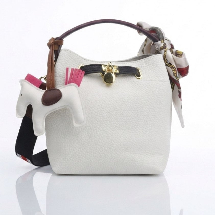 Hermes Style Soft Leather Bucket Bag with Horse Charm and Scarf