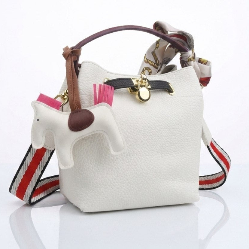 Hermes Style Soft Leather Bucket Bag with Horse Charm and Scarf