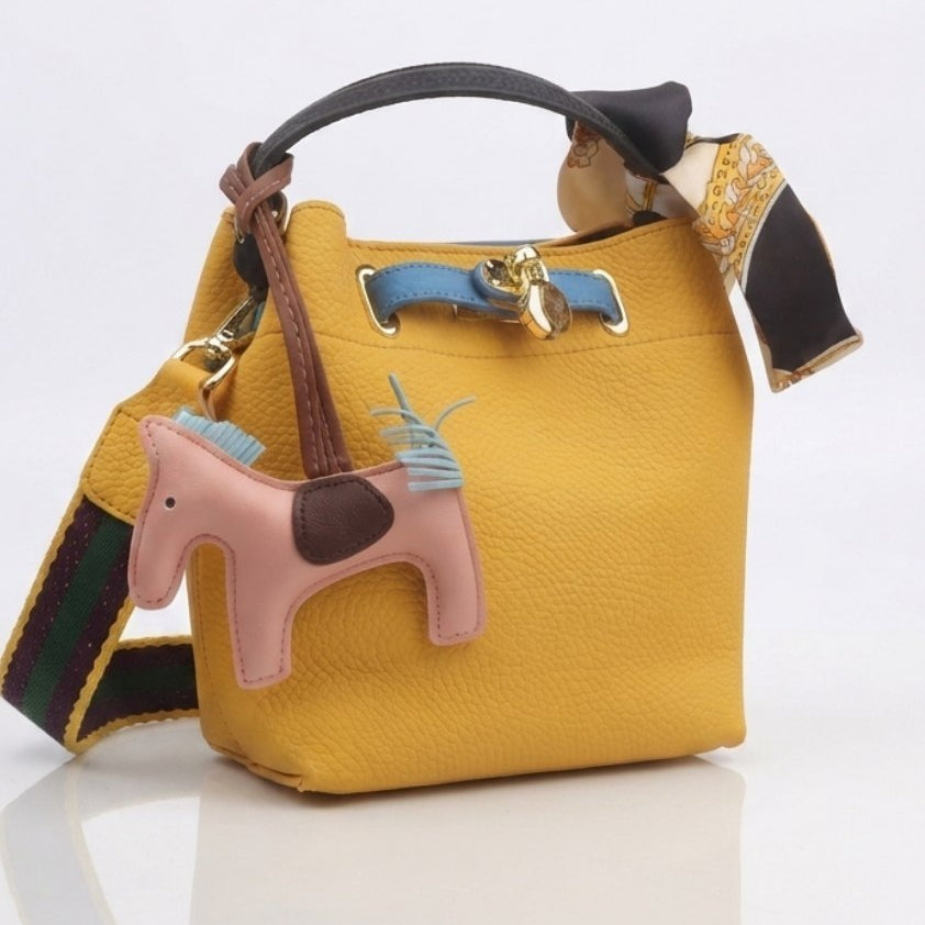 Hermes Style Soft Leather Bucket Bag with Horse Charm and Scarf