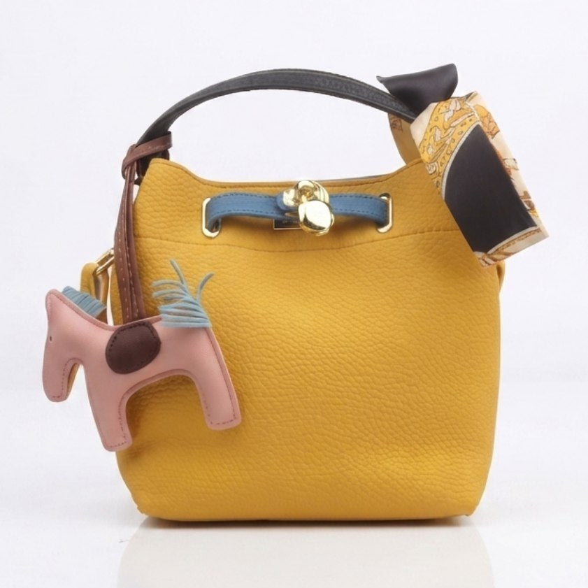 Hermes Style Soft Leather Bucket Bag with Horse Charm and Scarf