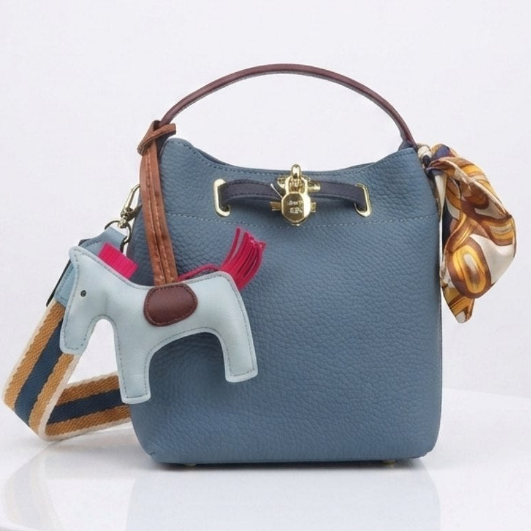 Hermes Style Soft Leather Bucket Bag with Horse Charm and Scarf