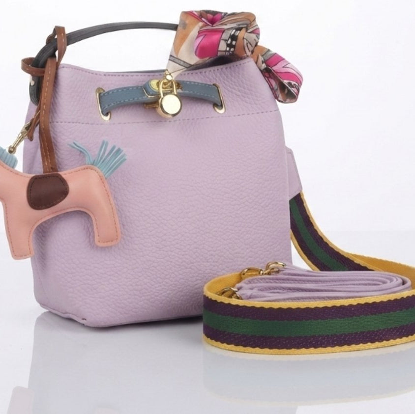 Hermes Style Soft Leather Bucket Bag with Horse Charm and Scarf