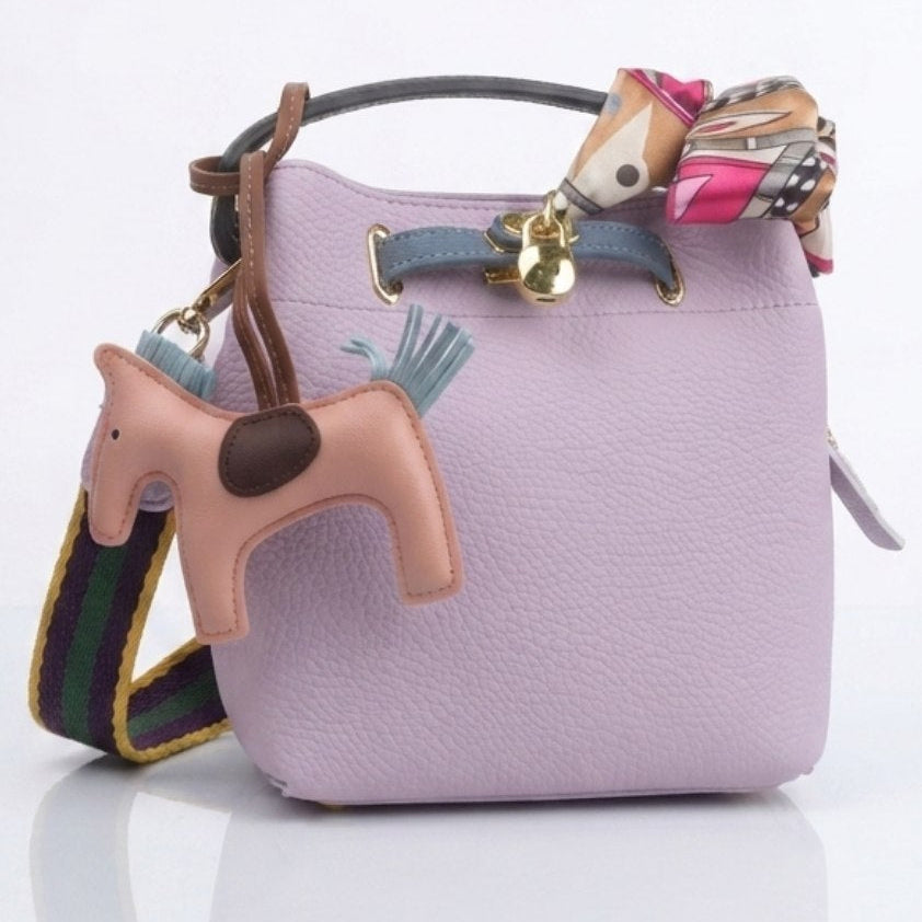 Hermes Style Soft Leather Bucket Bag with Horse Charm and Scarf
